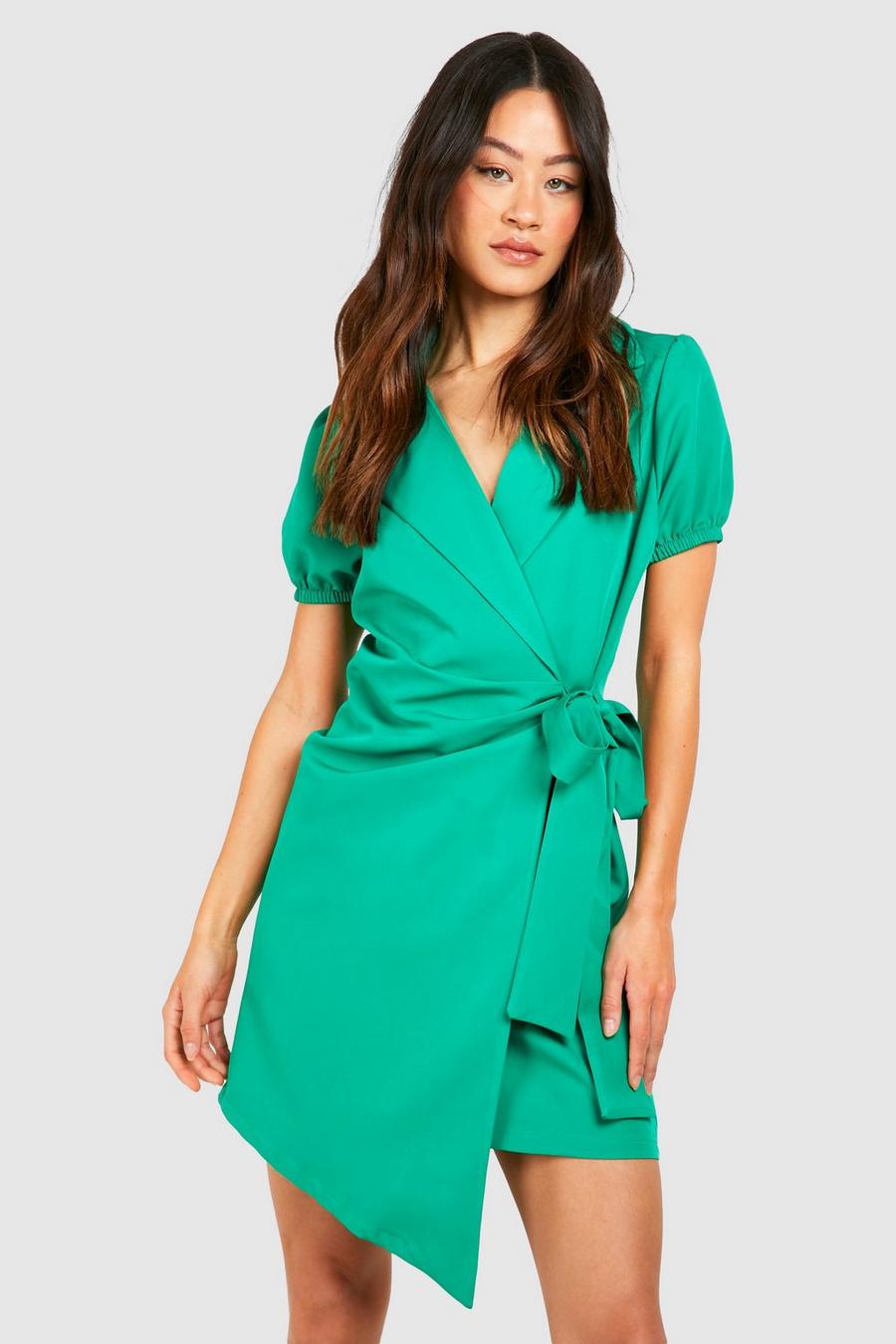 Green Tall Woven Short Sleeve Wrap Blazer Dress