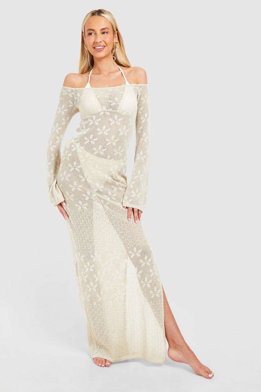 Stone Tall Bardot Floral Crochet Maxi Dress 