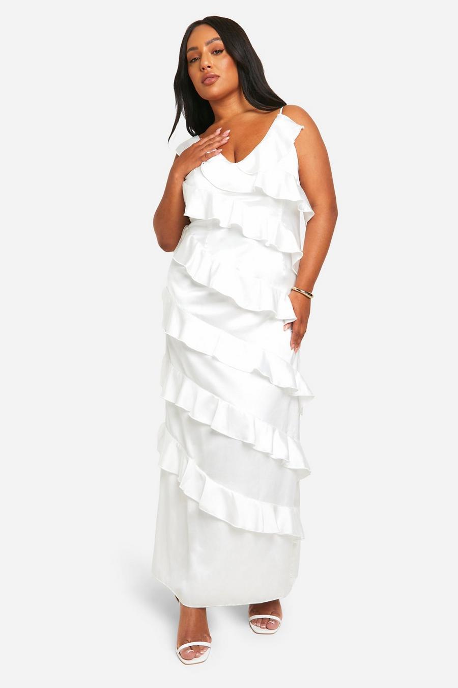 Ivory Plus Satin Ruffle Asymmetric Maxi Dress 