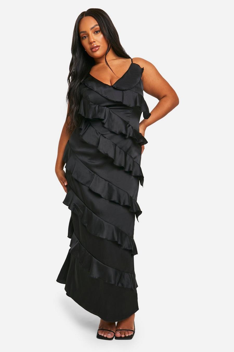 Black Plus Satin Ruffle Asymmetric Maxi Dress  image number 1