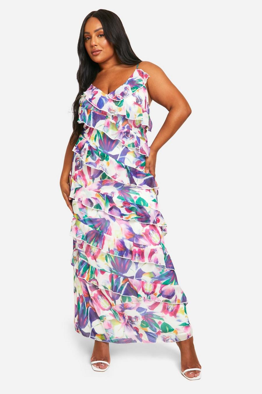 Multi Plus Floral Ruffle Asymmetric Maxi Dress  image number 1