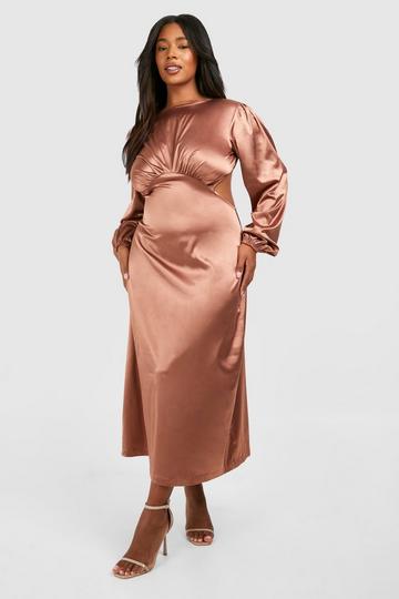 Brown Plus Satin Puff Sleeve Tie Back Midi Dress