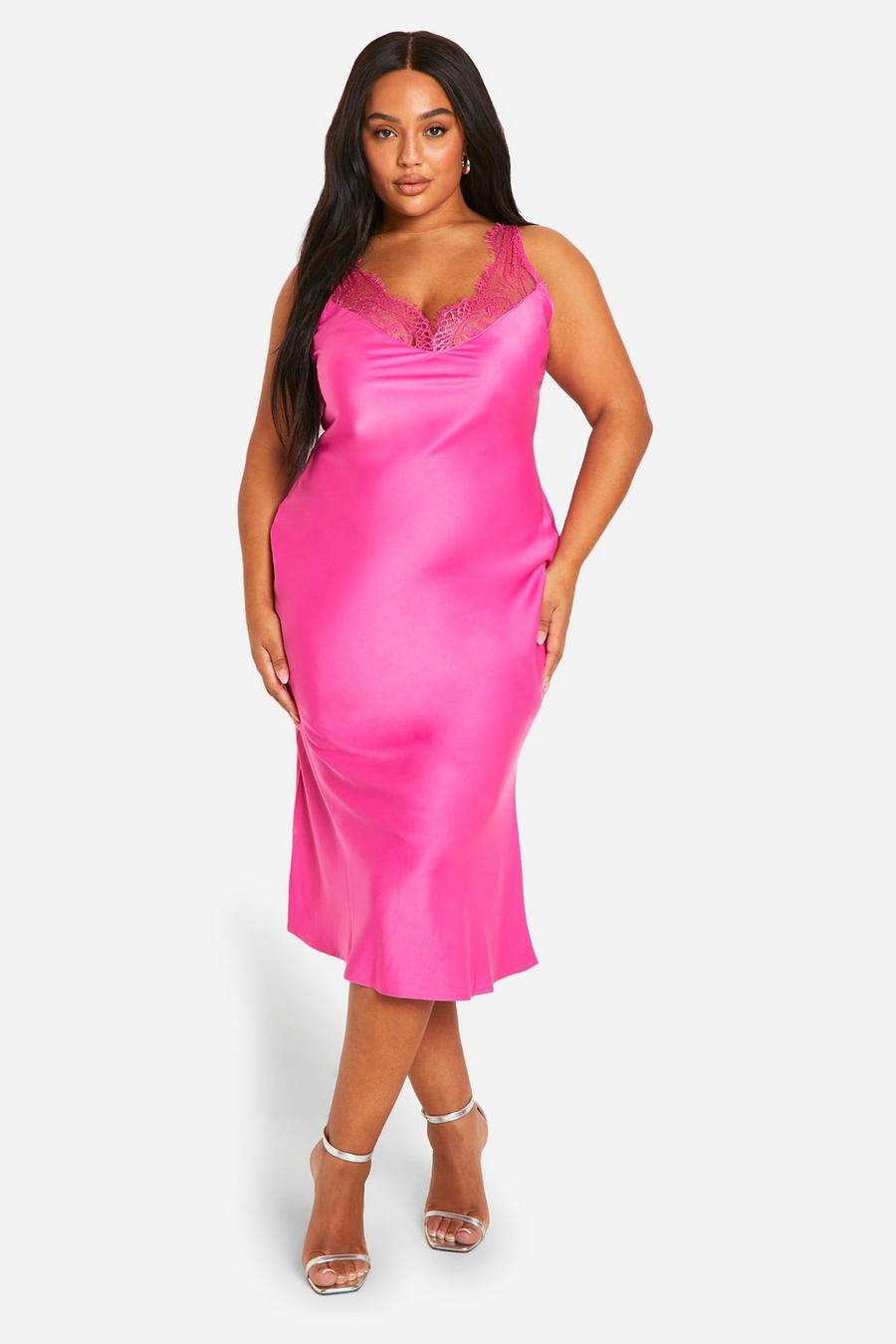 Vestito pull-on midi Plus Size in raso rifinito in pizzo, Hot pink image number 1