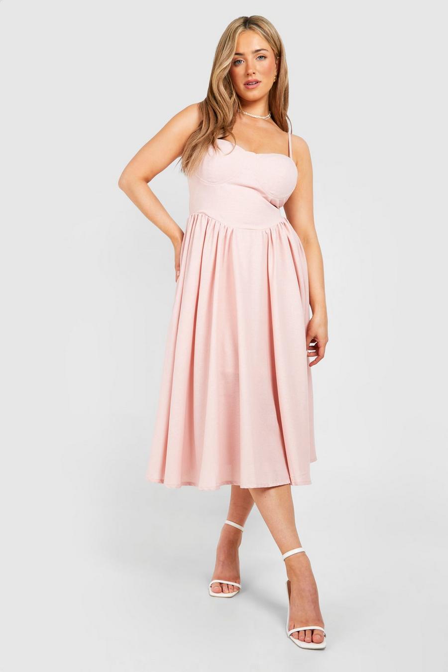 Pink Plus Linen Milkmaid Midi Dress  image number 1