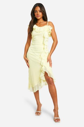 Lemon Yellow Chiffon Ruffle Split Midi Dress