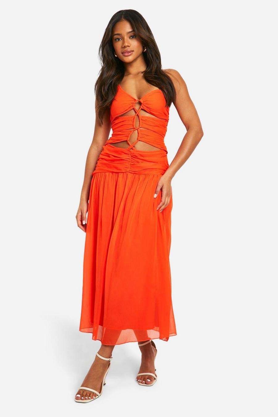 Red orange Chiffon Tie Detail One Shoulder Midaxi Dress image number 1