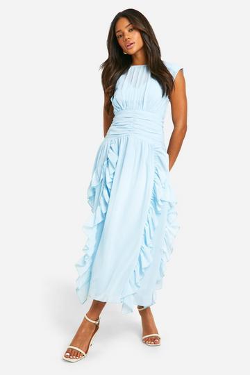 Chiffon Ruched Ruffle Midi Dress pale blue