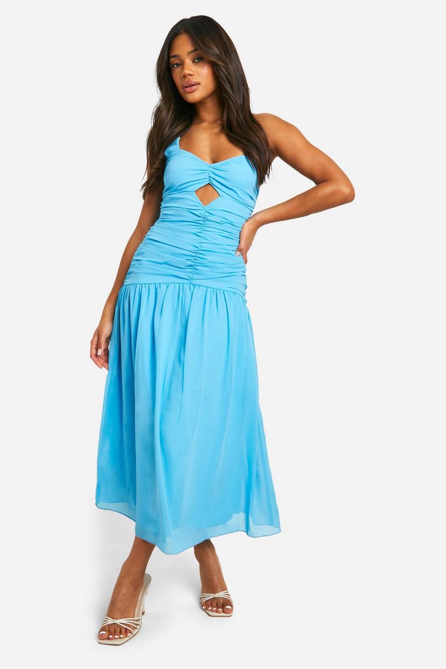 Turquoise Chiffon Ruched One Shoulder Midaxi Dress