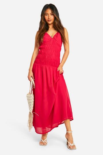 Pink Chiffon Shirred Drop Waist Maxi Dress