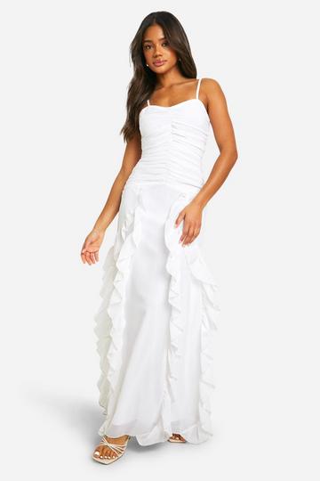 Chiffon Ruched Ruffle Maxi Dress white