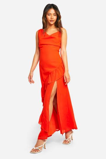 Chiffon Maxi Jurk Met Hoge Split En Ruches red orange