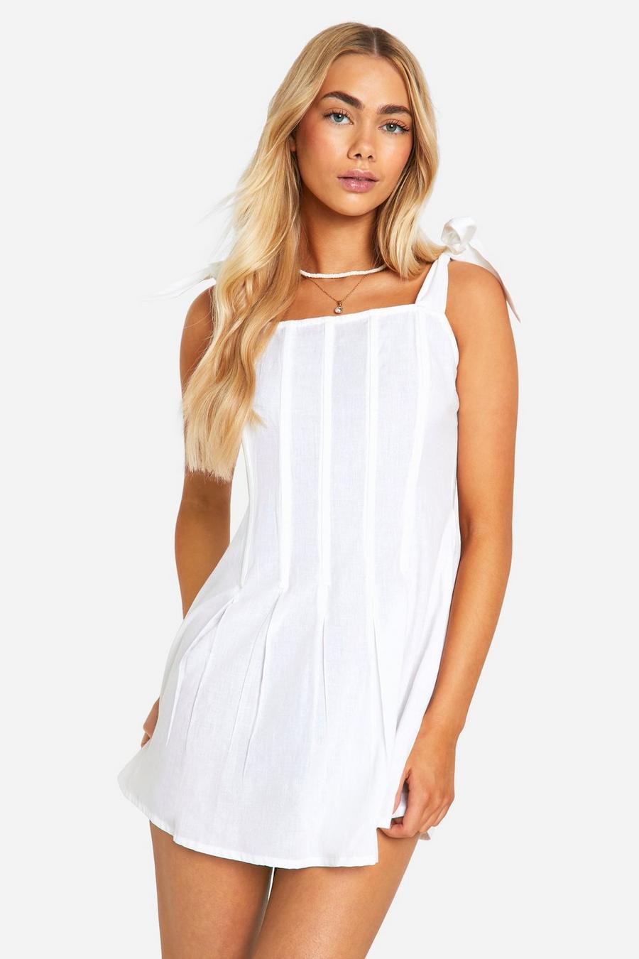 White Linen Tie Strap Boned Pleated Dress image number 1