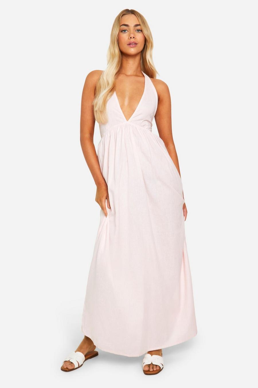 Pale pink Halterneck Linen Double Strap Maxi Dress
