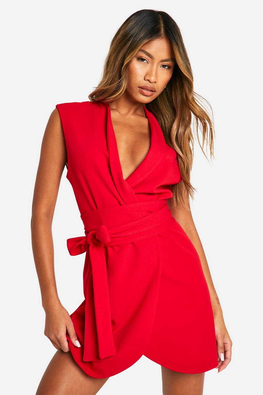 Red Tie Waist Blazer Dress image number 1