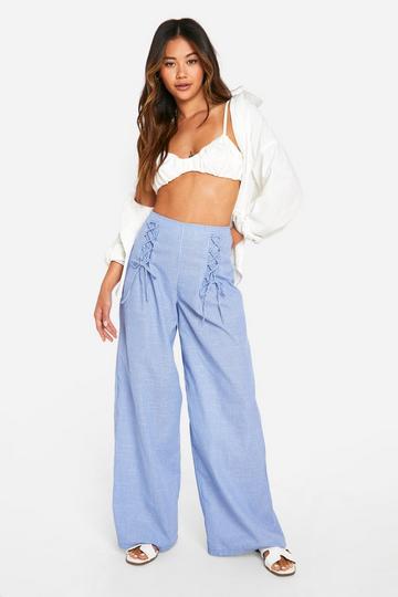 Lace Up Pinstripe Wide Leg Trouser blue