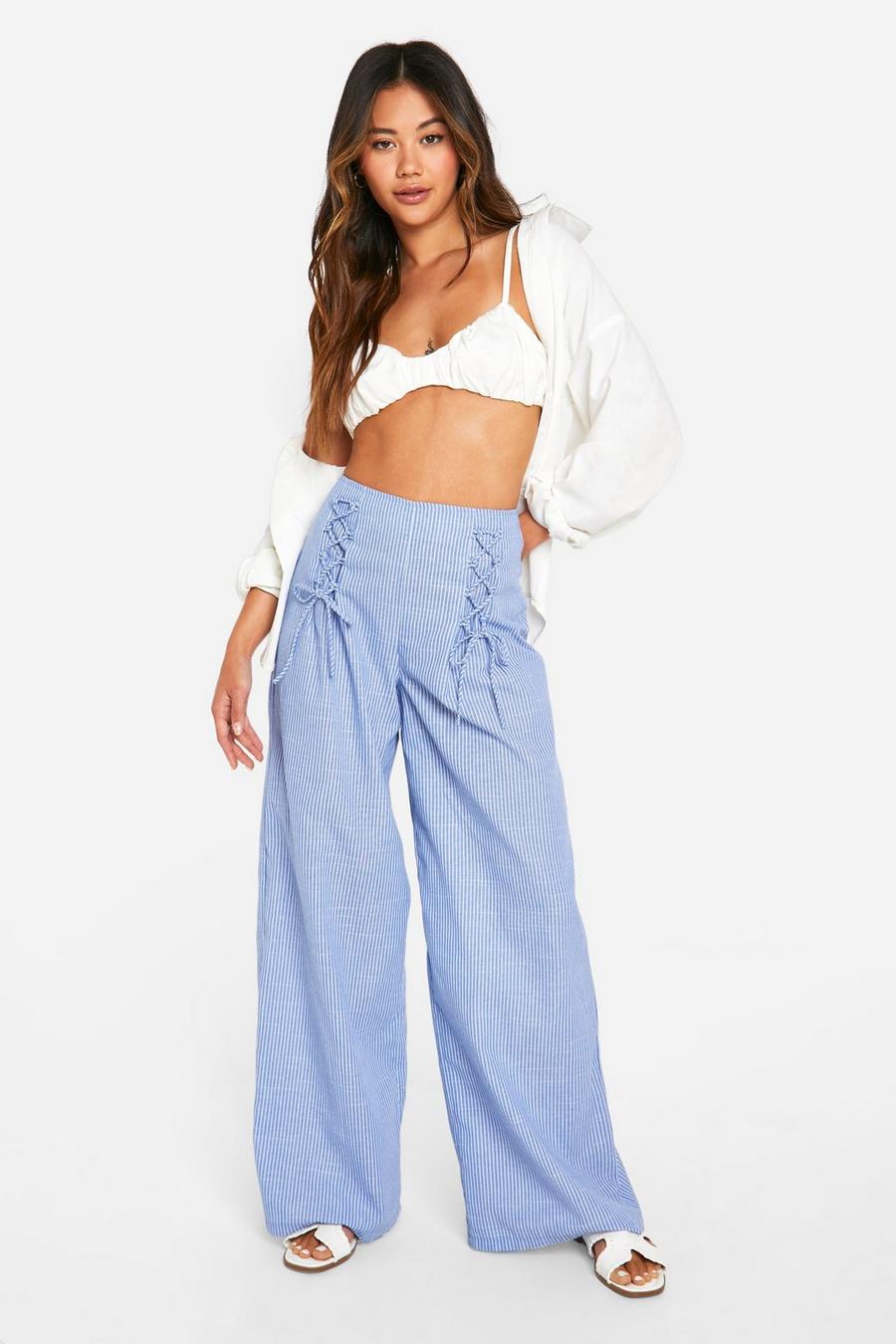 Blue Lace Up Pinstripe Wide Leg Trouser  image number 1