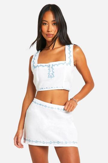 White Embroidered Linen Look Crop Top & Mini Skirt Set