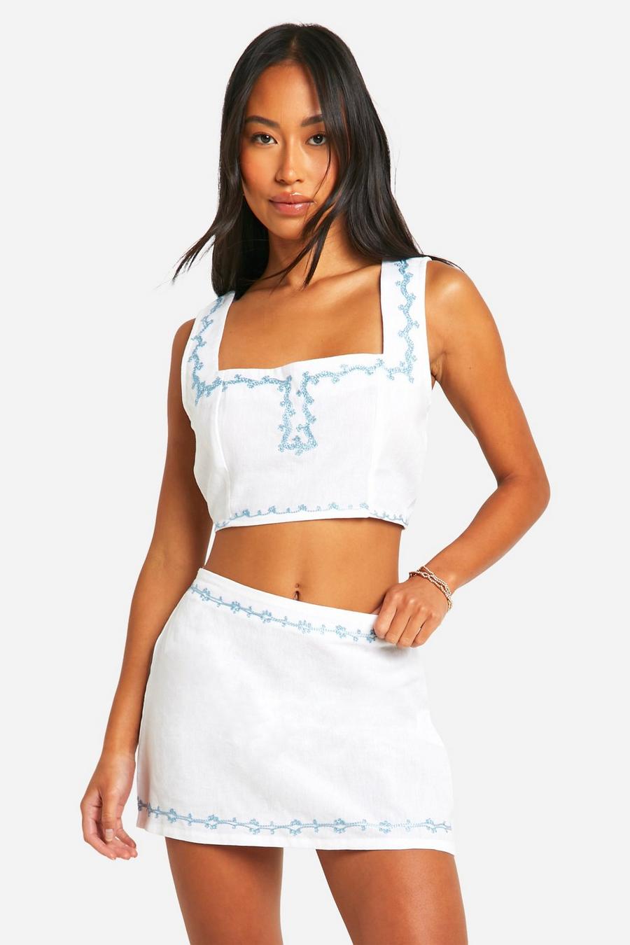 White Embroidered Linen Look Crop Top & Mini Skirt Set image number 1