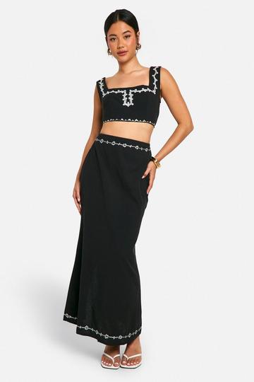 Embroidered Linen Look Crop Top & Maxi Skirt Set black