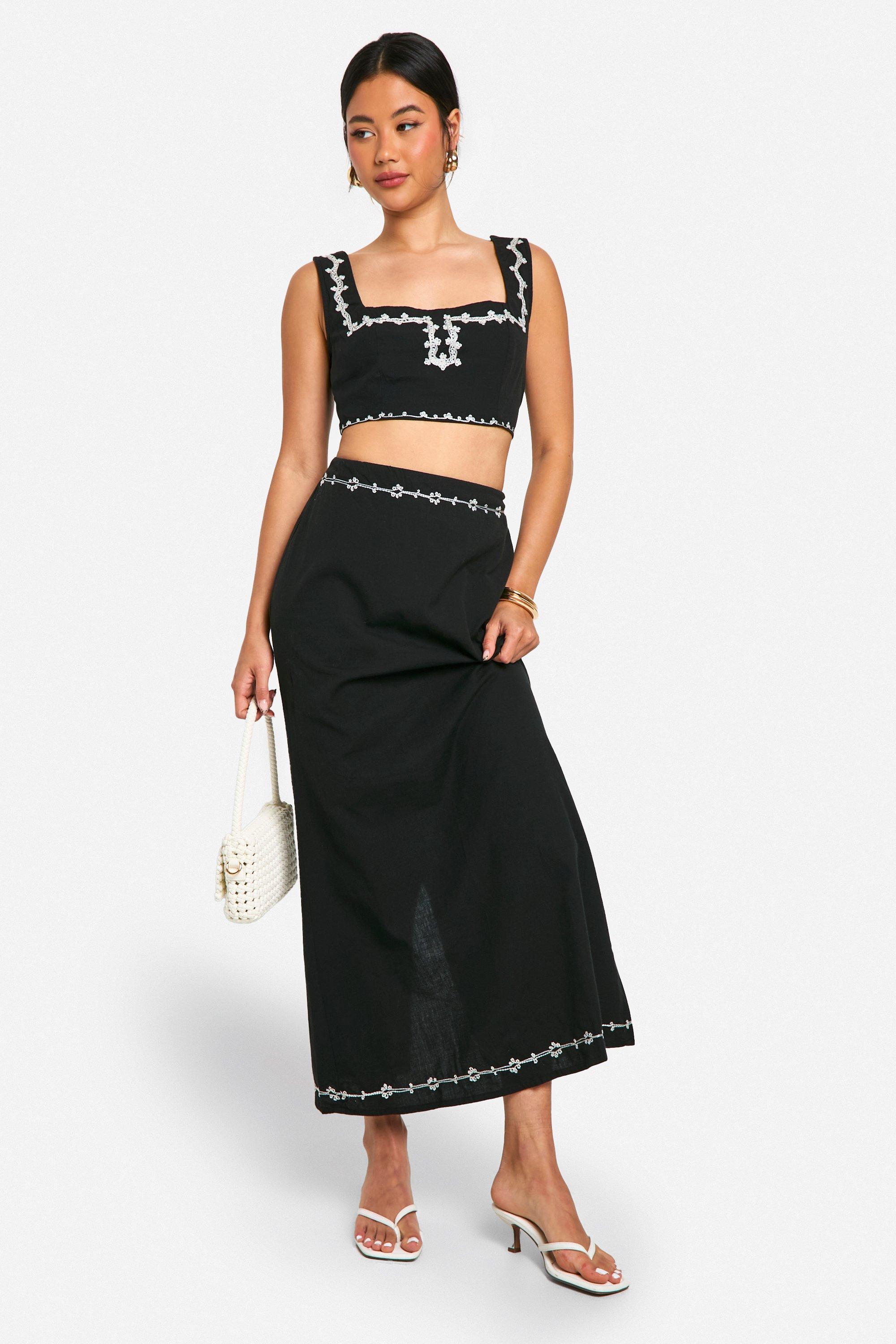 Embroidered Linen Look Crop Top Maxi Skirt Set boohoo