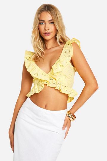 Broderie Ruffle Plunge Crop Top lemon