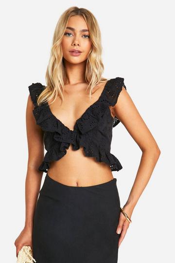 Broderie Ruffle Plunge Crop Top black