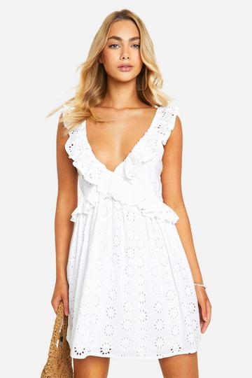 White Broderie Ruffle Plunge Mini Dress