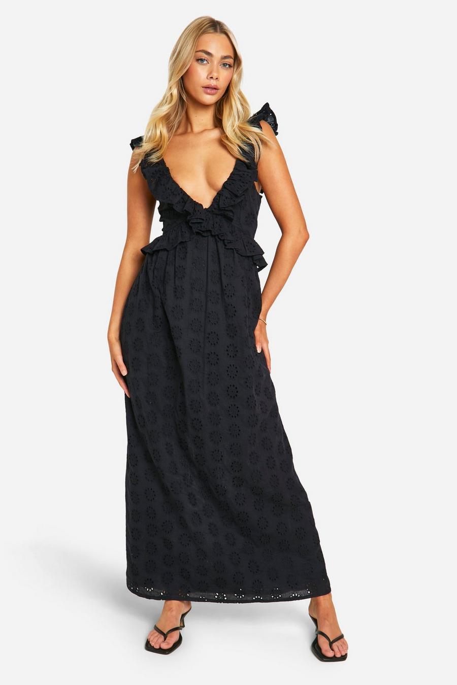 Black Broderie Ruffle Plunge Maxi Dress image number 1