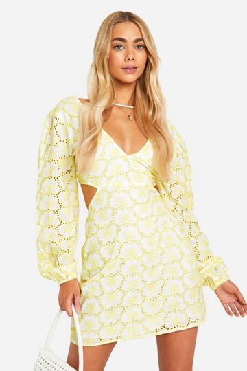 Broderie Tie Back Balloon Sleeve Mini Dress lemon