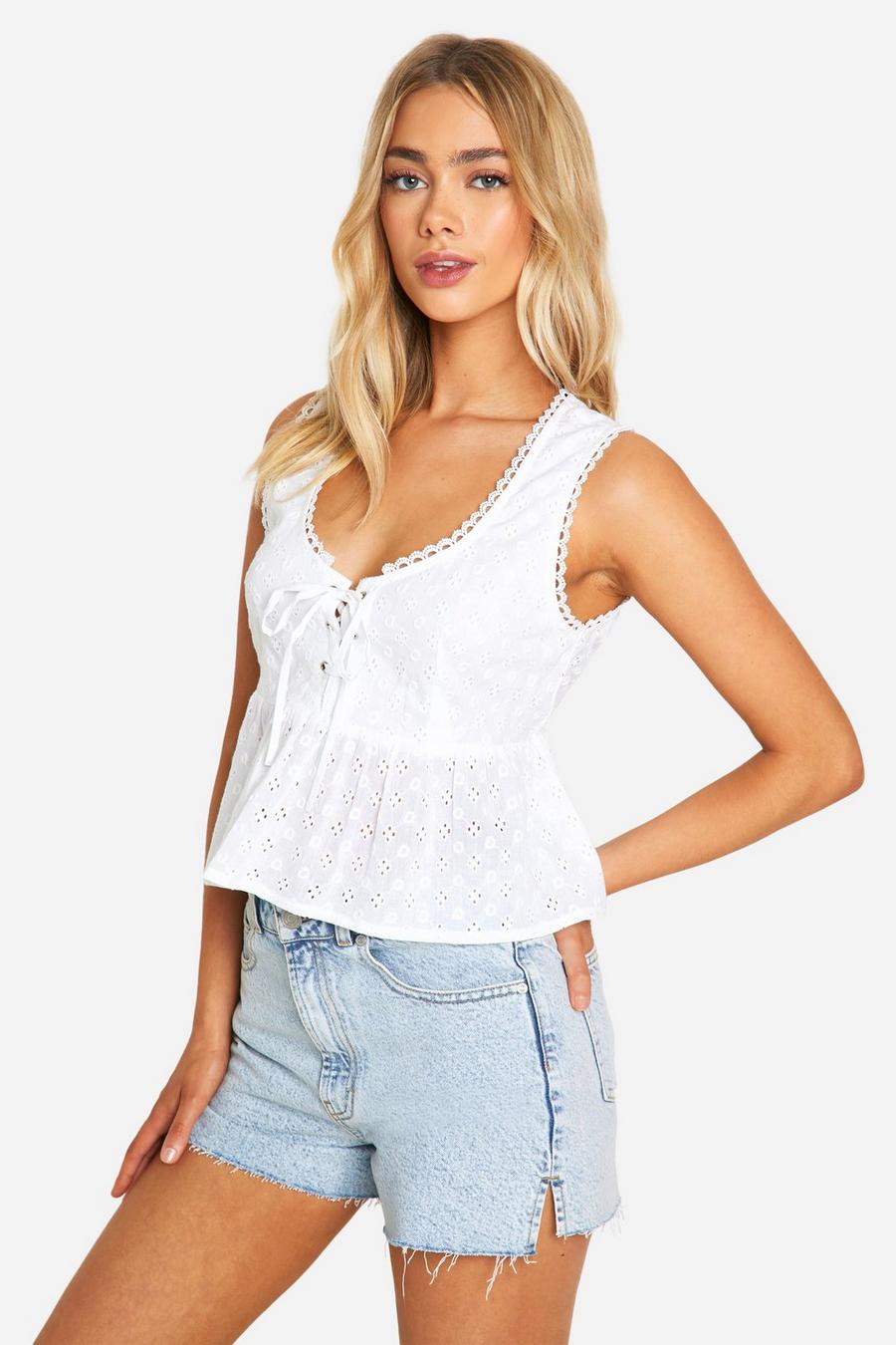 White Broderie Lace Up Peplum Top image number 1