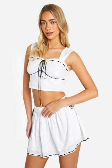 Broderie Contrast Bow Crop Top white