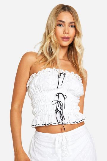 Geplooide Broderie Bandeau Top Met Contrasterende Strik white