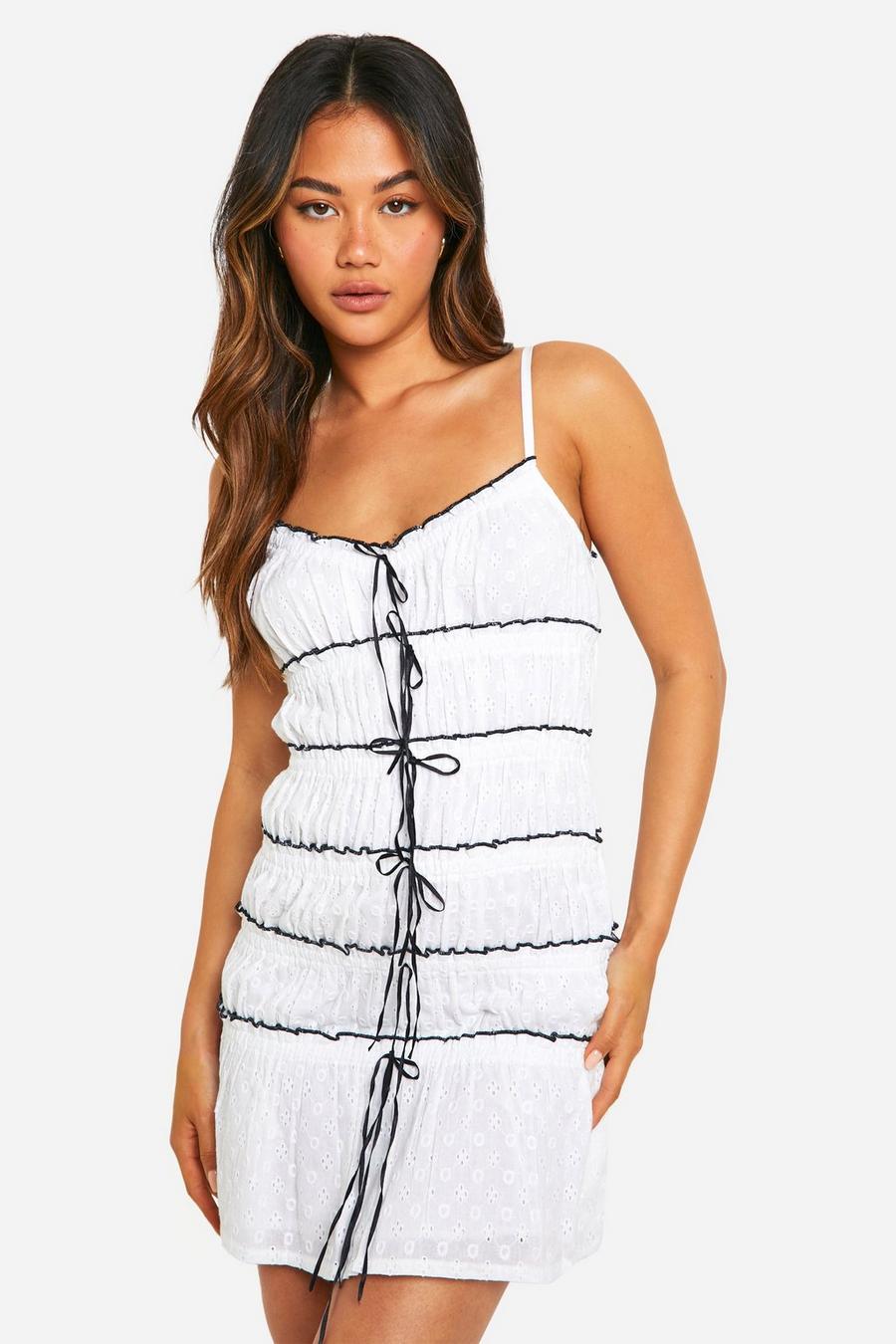 White Broderie Contrast Ruched Mini Dress