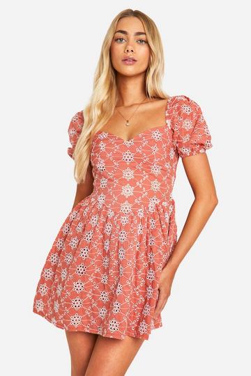 Broderie Puff Sleeve Tiered Mini Dress rust