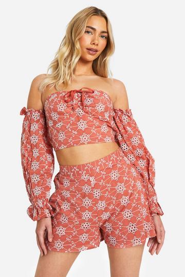 Broderie Cold Shoulder Crop Top rust