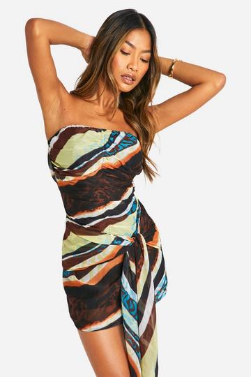 Brown Abstract Chiffon Bandeau Tie Detail Mini Dress