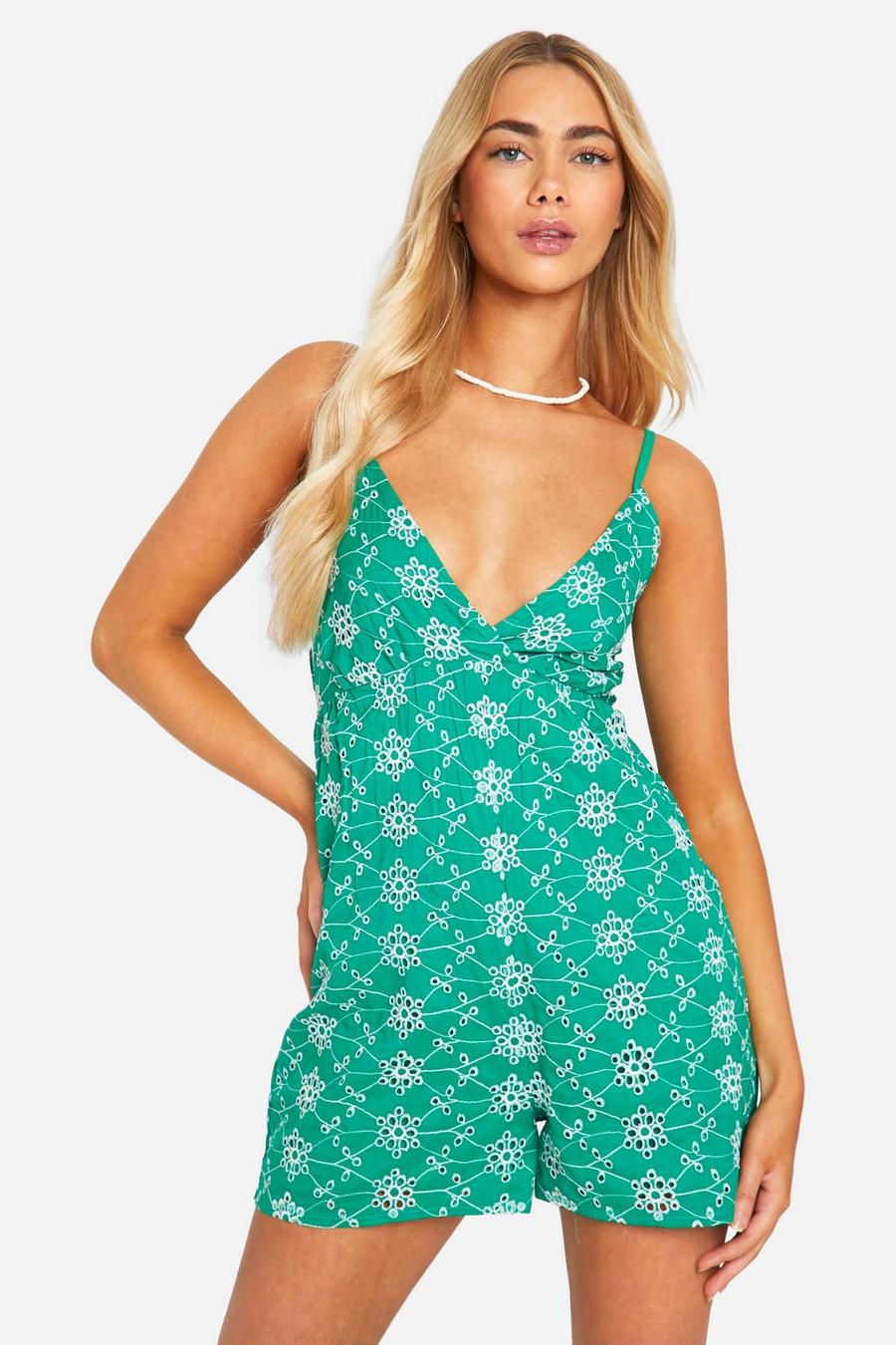 Green Broderie Contrast Playsuit 
