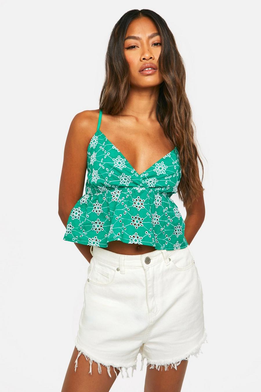 Green Broderie Contrast Strappy Peplum Top image number 1