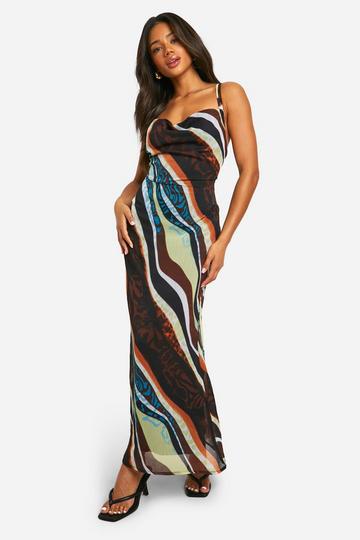 Brown Abstract Chiffon Cowl Maxi Dress