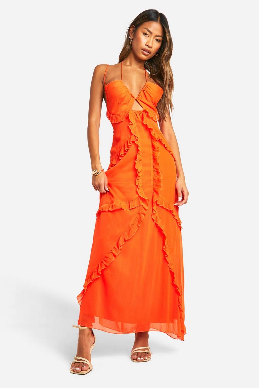 Orange Chiffon Ruffle Maxi Dress