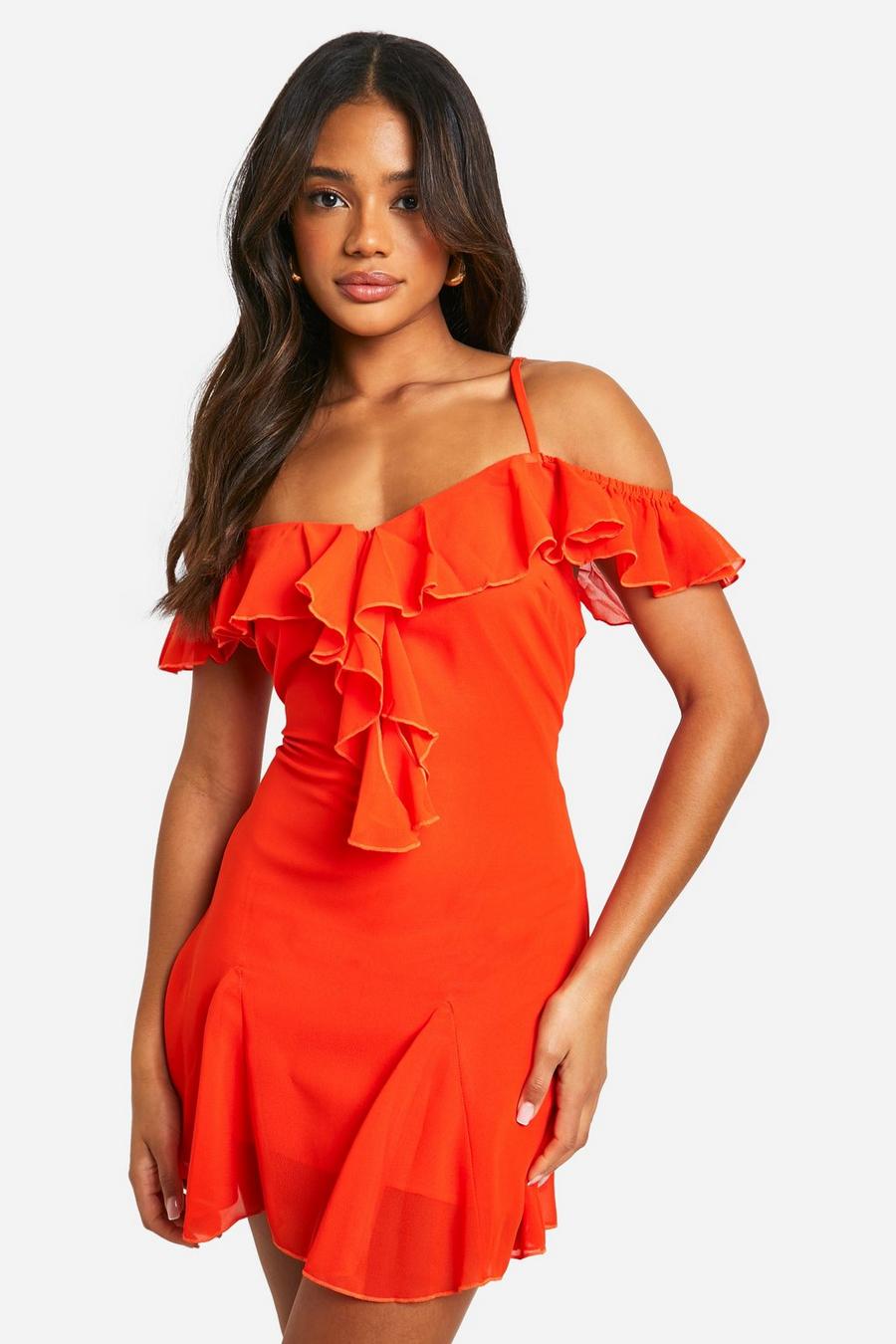 Orange Chiffon Cold Shoulder Mini Dress 