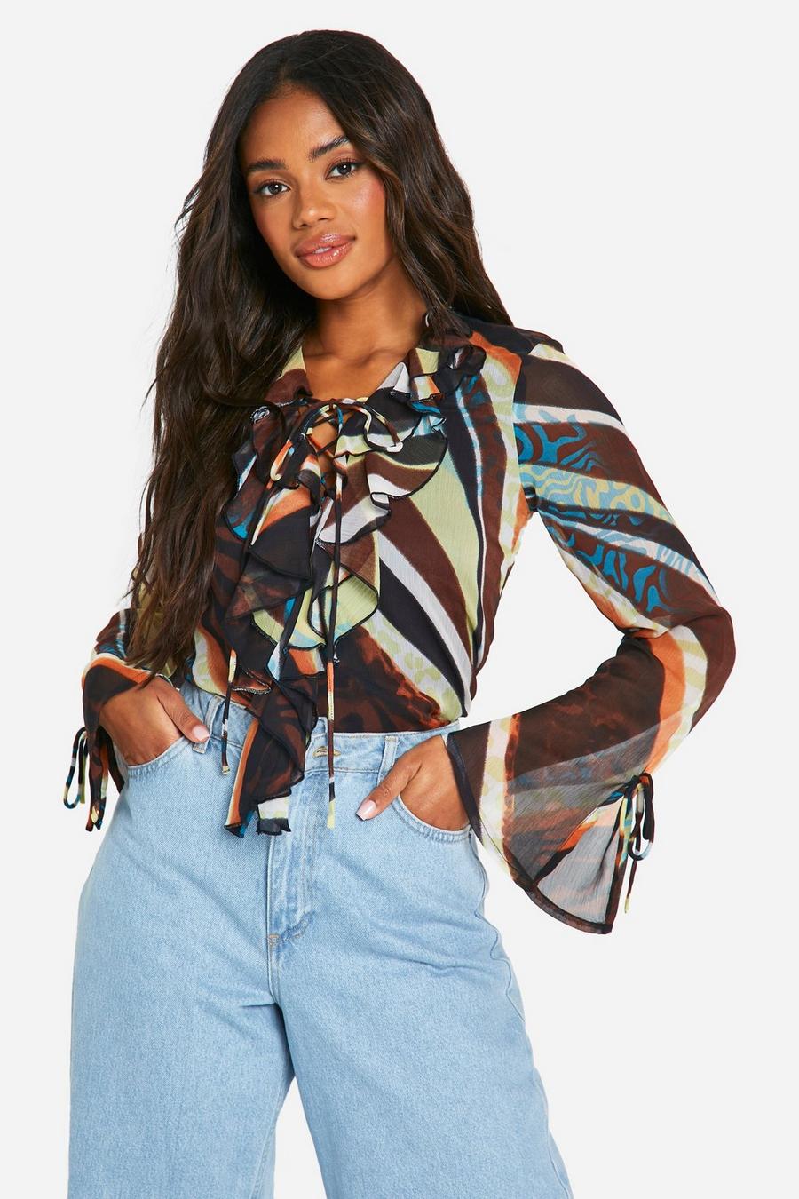 Brown Abstracte Chiffon Blouse Met Ruches