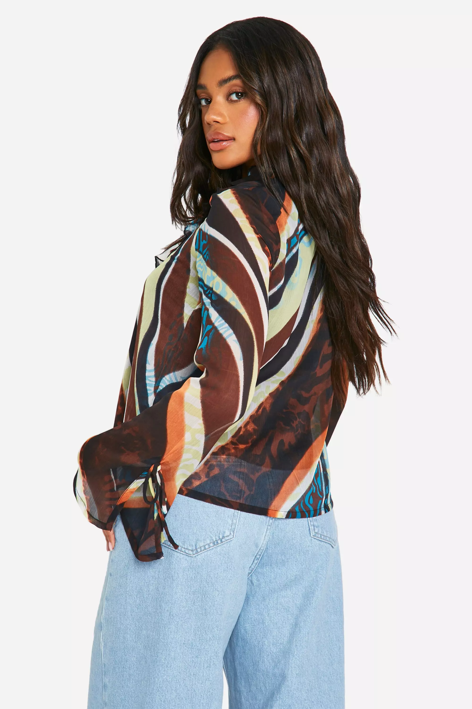 Brown Abstract Chiffon Ruffle Blouse  alternative image