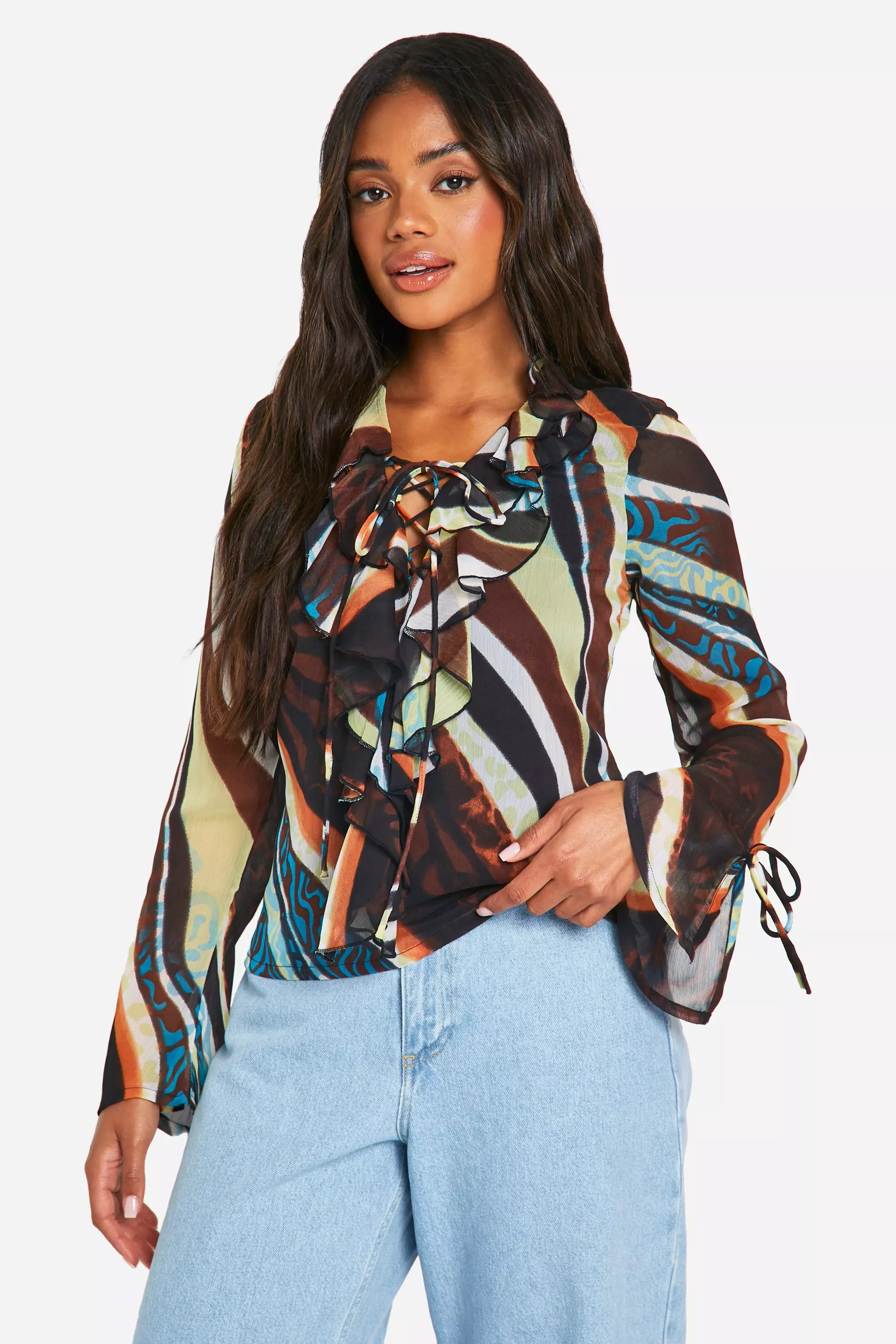 Brown Abstract Chiffon Ruffle Blouse  alternative image