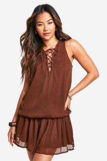 Tie Chiffon Mini Dress chocolate