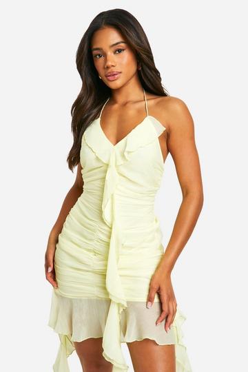 Chiffon Mini Jurk Met Halter Neck En Ruches lemon