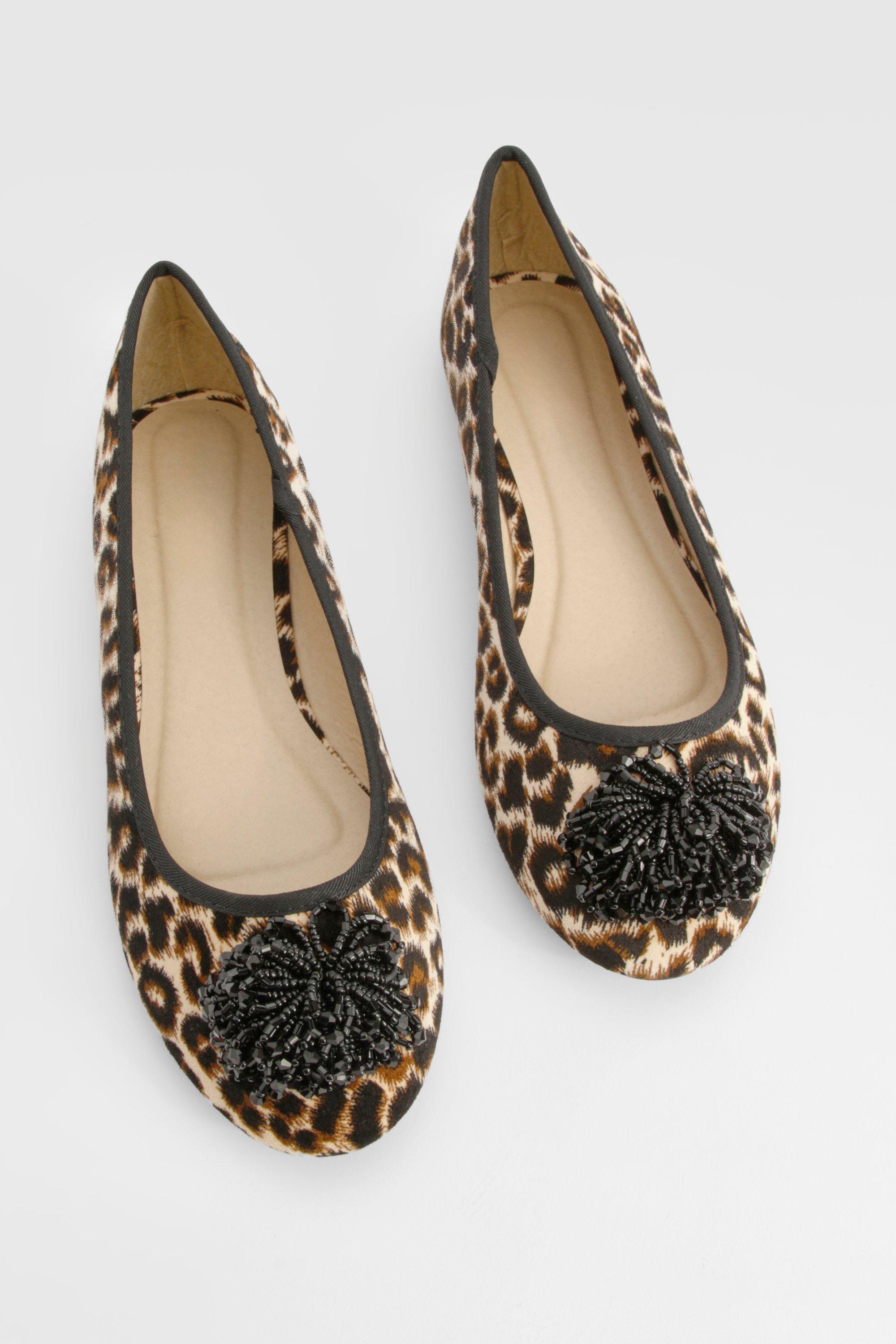 Leopard Print Flower Detail Ballet Flats boohoo