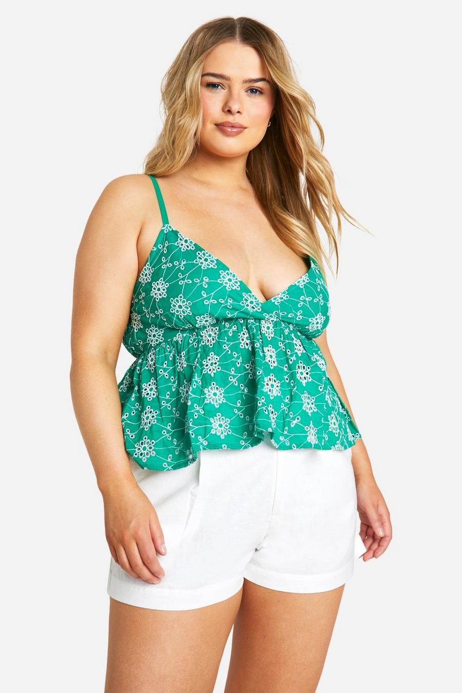 Green Plus Broderie Contrast Strappy Peplum Top image number 1