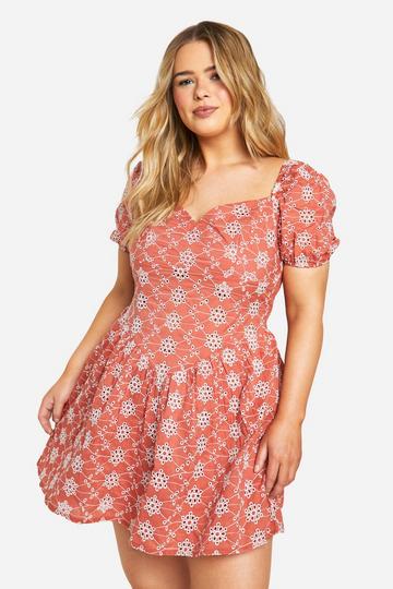 Rust Orange Plus Broderie Puff Sleeve Tiered Mini Dress