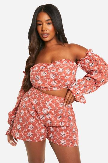 Plus Broderie Cold Shoulder Crop Top rust